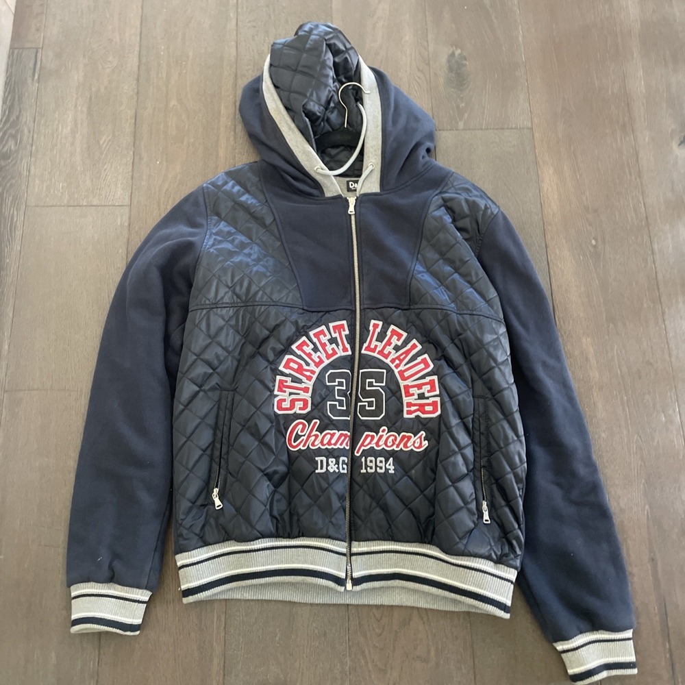 D&G Dark Blue Cotton Knit Contrast Quilted Detail Zip Front Hooded Jacket